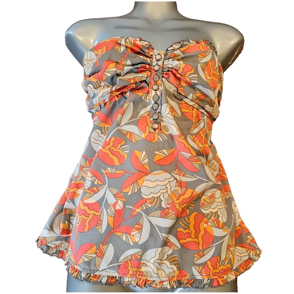 LUX strapless top medium gray orange floral smocked boho ruffle retro 60s inspir
